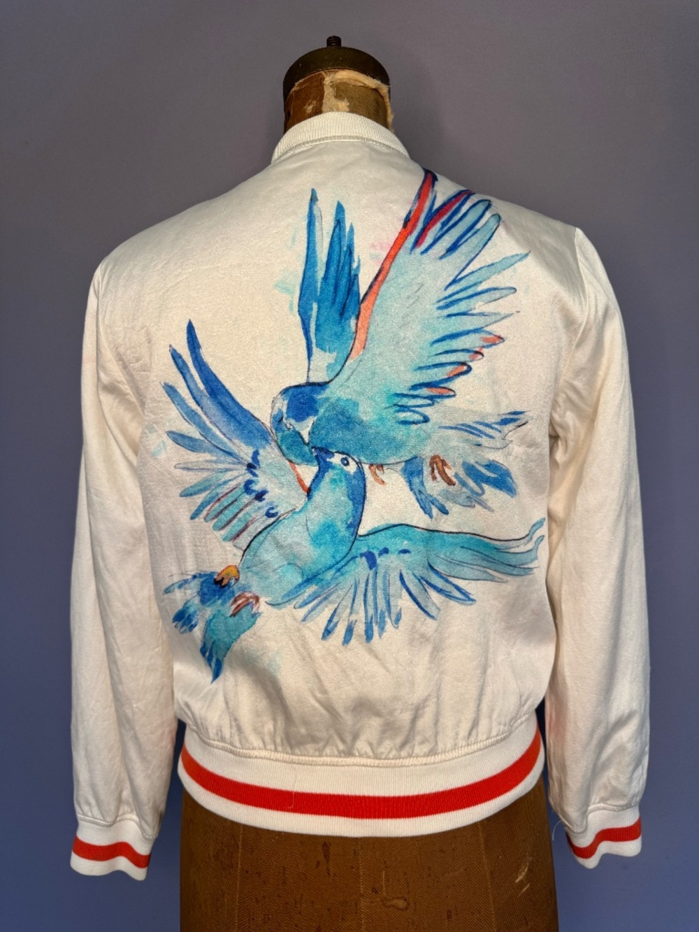 G.Kero Paris Numbered Silk Bomber Jacket — Hand-Painted Bird Print, Size M